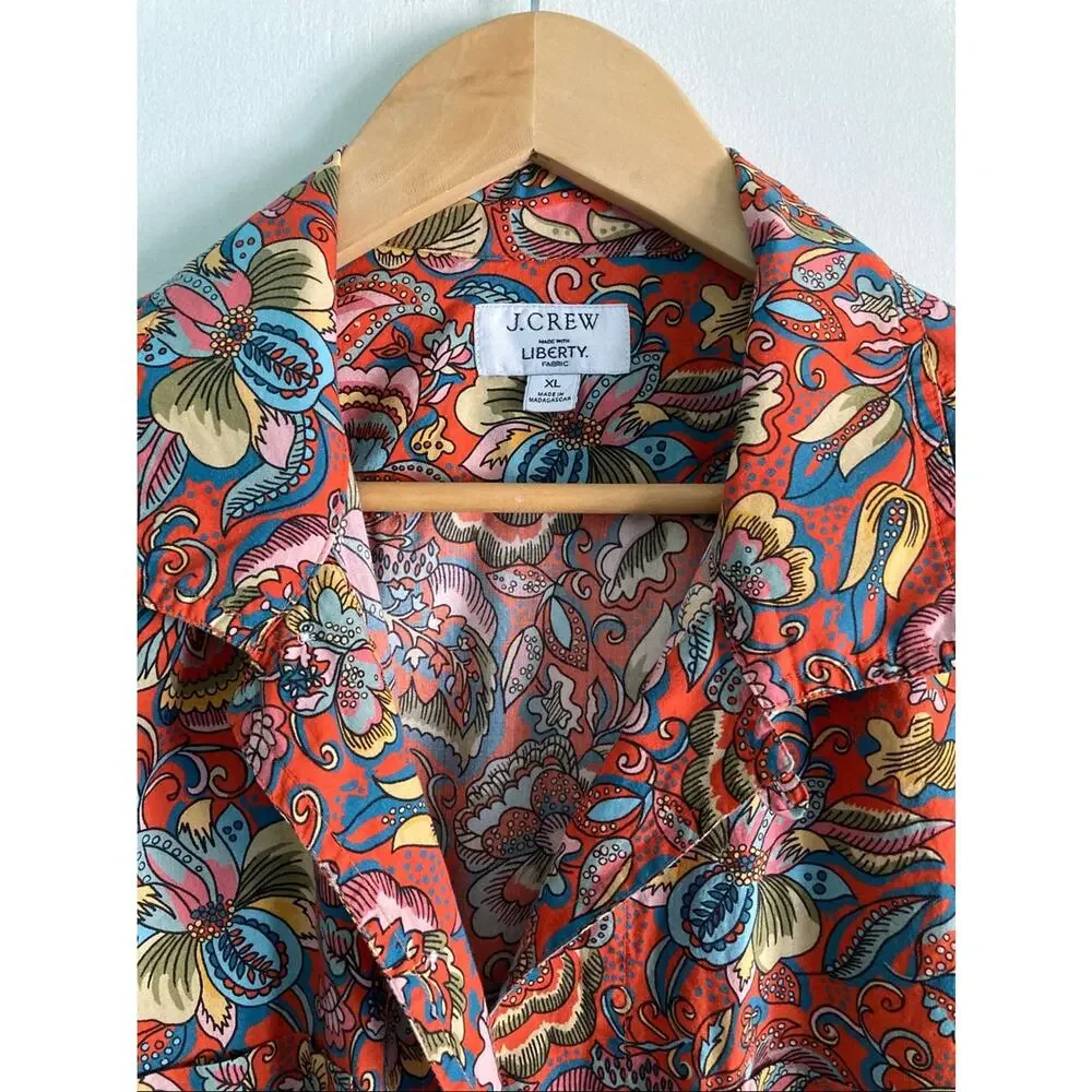 J. Crew With Liberty of London Mens Size XL Red Floral Print Summer Cotton Shirt